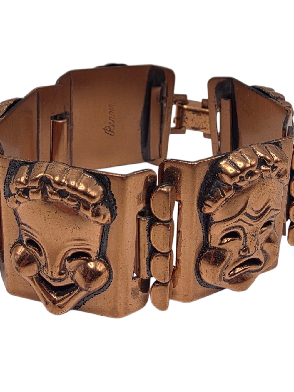Vintage Renoir Copper Theater Mask Link Bracelet Mid Century Modern Drama Art